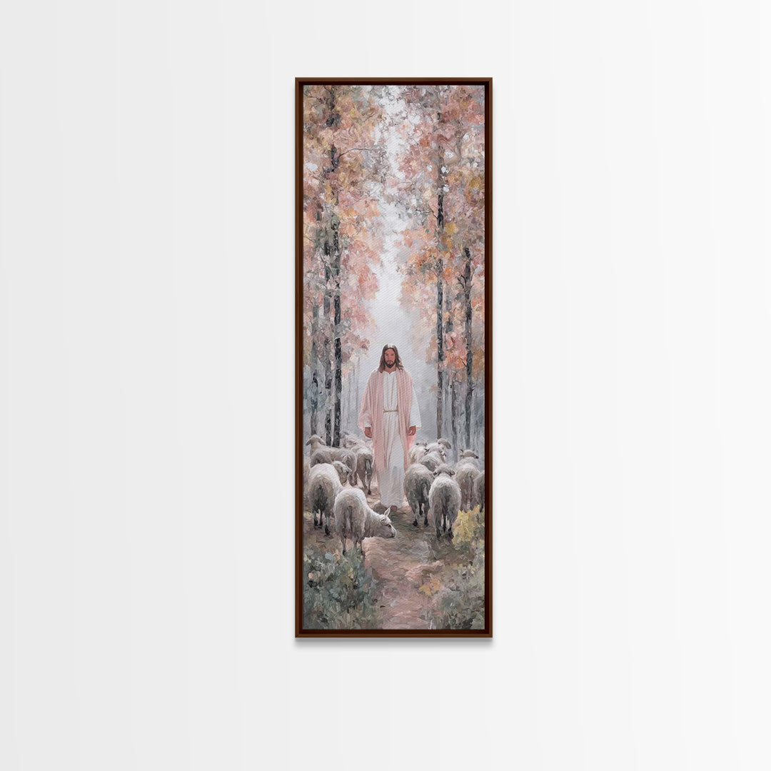 Autumn Shepherd Path – Framed Canvas Print – Tall Skinny Art Print – Christian Painting – Jesus Art Print – Christian Wall Art