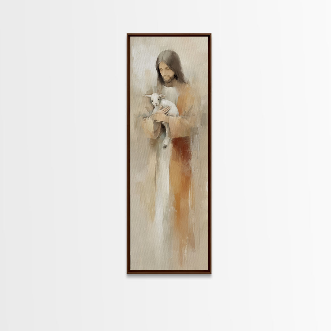 Gentle Shepherd Care – Framed Canvas Print – Jesus Painting – Christian Art – Tall Skinny Art Print – Christian Wall Art – Christmas Art