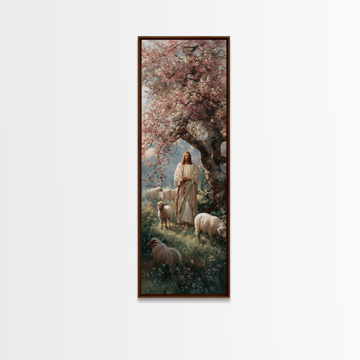 Blossom Shepherd Path – Framed Canvas Print – Narrow Art – Christian Art Canvas – Jesus Painting – Christian Wall Art – Christian Christmas