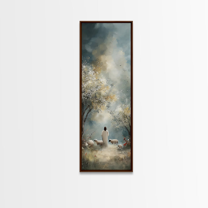 Pastoral Dawn Walk – Framed Canvas Print – Tall Skinny Art Print – Christian Wall Art – Christian Art Canvas – Jesus Painting – Christian C