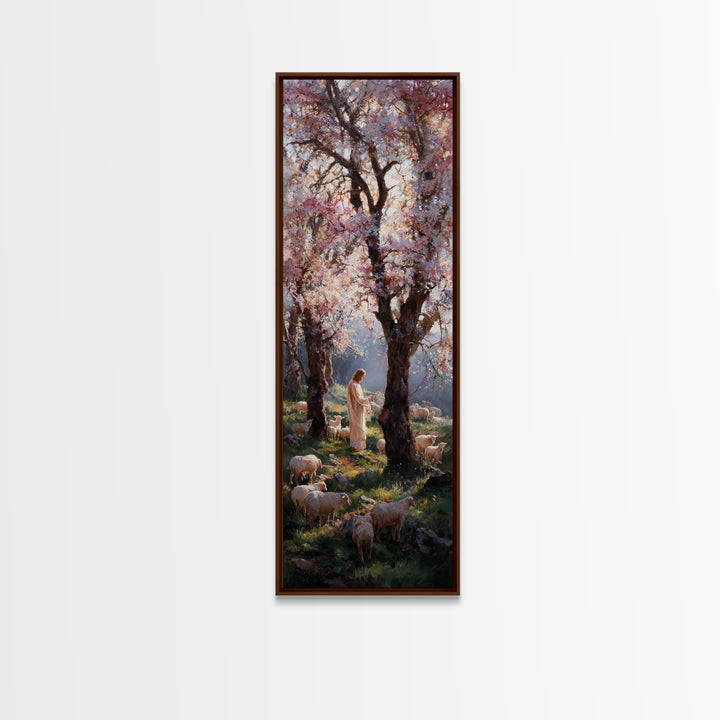 Spring Shepherd Grace – Framed Canvas Print – Tall Narrow Wall Art – Christian Art Canvas – Christian Wall Art – Jesus Painting – Christian