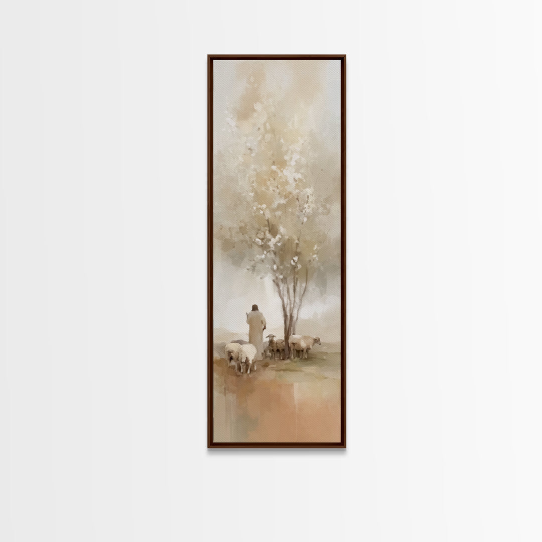 Quiet Pasture Blessing – Framed Canvas Print – Christian Art – Jesus Painting – Christian Wall Art – Narrow Art – Christian Christmas Art
