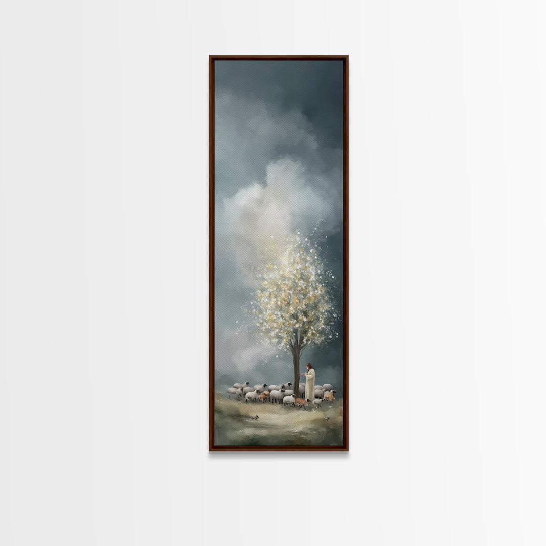 Golden Pasture Peace - Framed Canvas Print - Christian Wall Art - Jesus Painting - Narrow Art - Christian Art Canvas