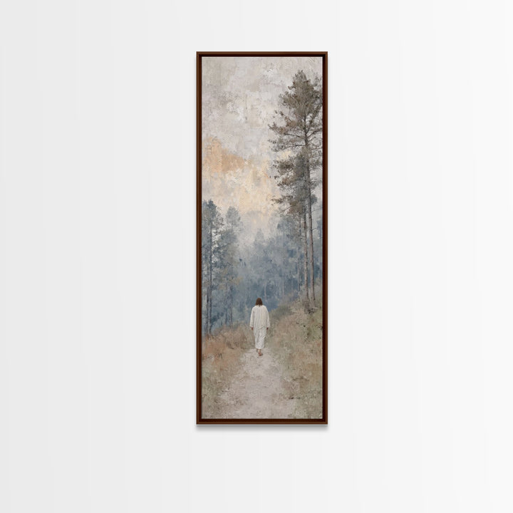 Forest Dawn Walk - Framed Canvas Print - Christian Art Canvas - Jesus Painting - Tall Skinny Art Print - Christian Wall Art