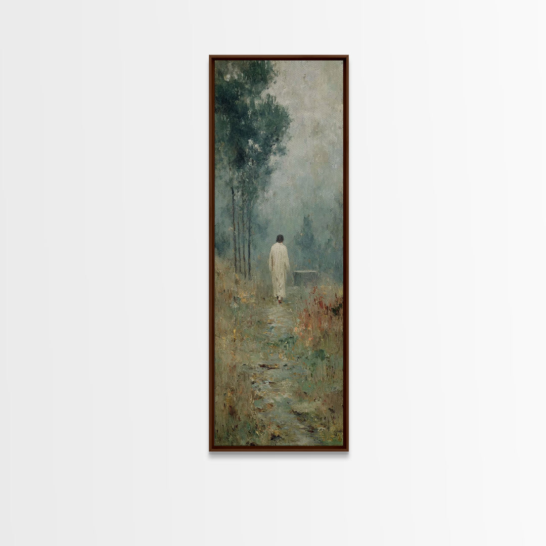 Quiet Meadow Walk, Framed Canvas Print, Christian Wall Art, Jesus Painting, Tall Skinny Art Print, Christian Art Canvas