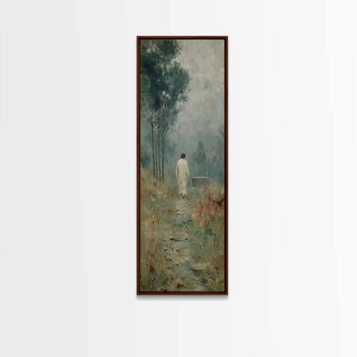 Quiet Meadow Walk, Framed Canvas Print, Christian Wall Art, Jesus Painting, Tall Skinny Art Print, Christian Art Canvas