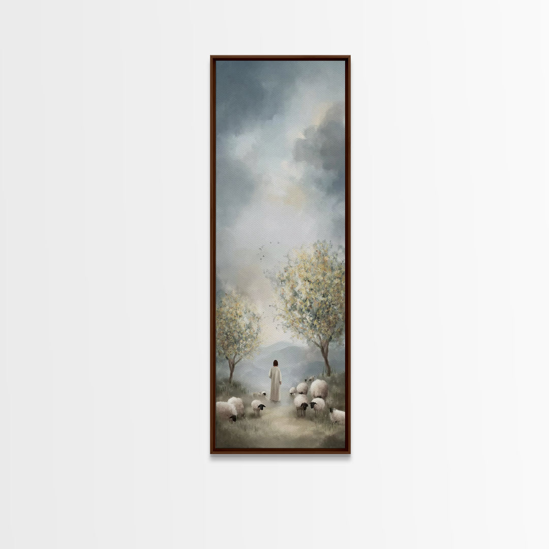 Peaceful Pasture Light – Framed Canvas Print – Tall Skinny Art Print – Christian Art Canvas – Christian Wall Art – Jesus Painting – Christi