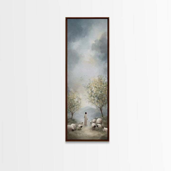 Peaceful Pasture Light – Framed Canvas Print – Tall Skinny Art Print – Christian Art Canvas – Christian Wall Art – Jesus Painting – Christi