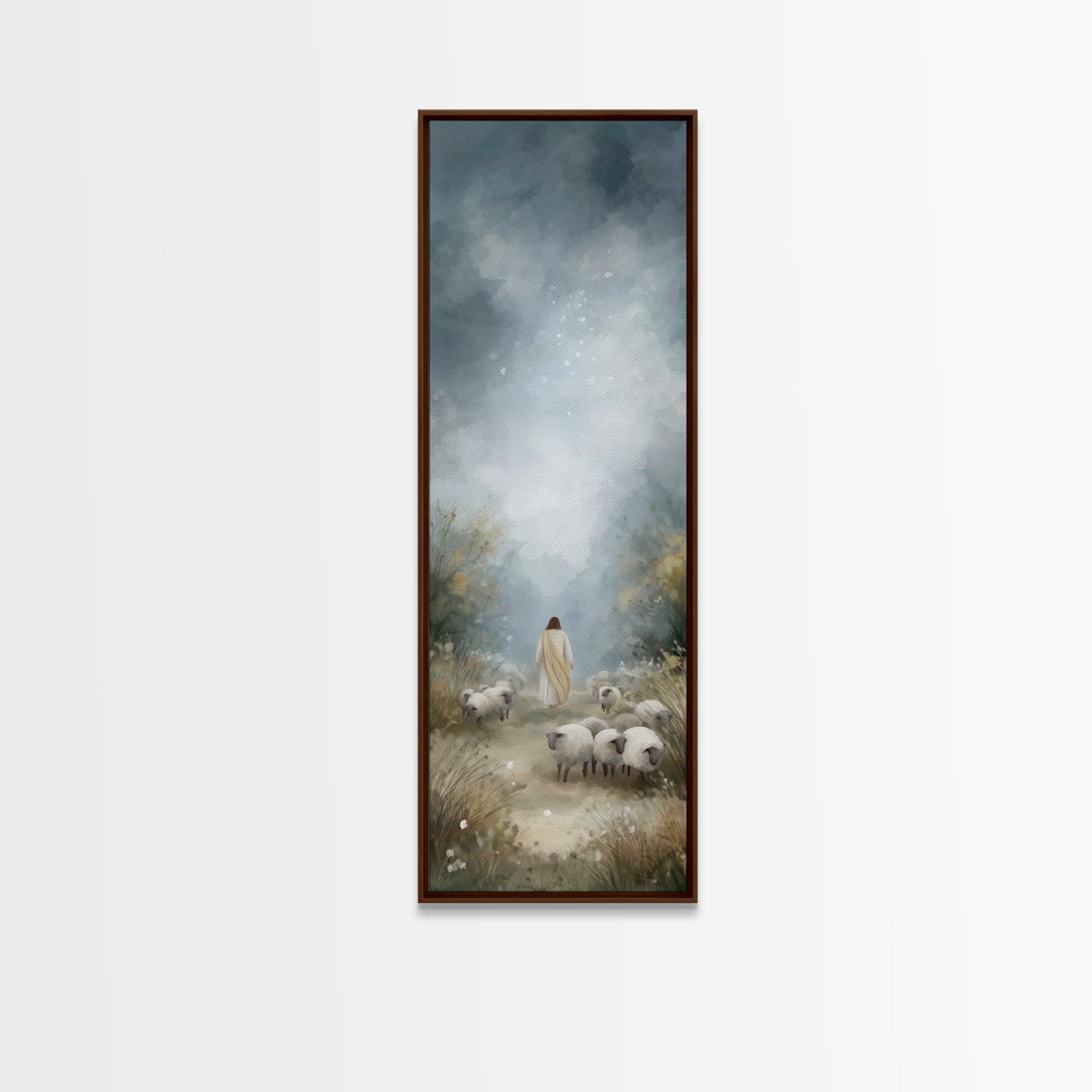 Heavenly Pasture Light, Framed Canvas Print, Tall Skinny Art Print, Christian Art Canvas, Christian Wall Art, Jesus Painting, Christmas Art