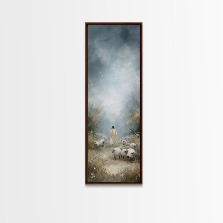Heavenly Pasture Light, Framed Canvas Print, Tall Skinny Art Print, Christian Art Canvas, Christian Wall Art, Jesus Painting, Christmas Art