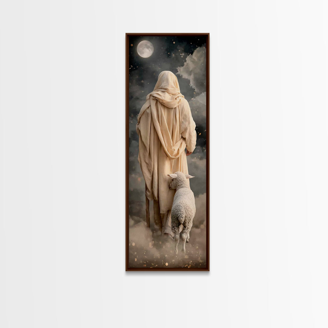 Moonlit Shepherd Walk | Framed Canvas Print | Narrow Art | Christian Wall Art | Jesus Painting | Christian Art Canvas | Christian Art