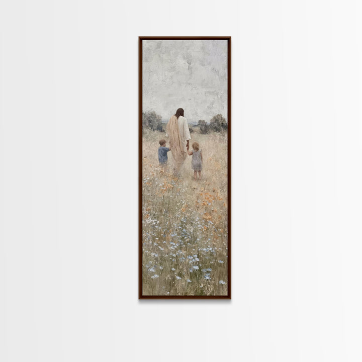 The Meadow Shepherd's Peace - Framed Canvas Print - Tall Narrow Wall Art - Christian Wall Art - Jesus Painting - Christian Art Canvas