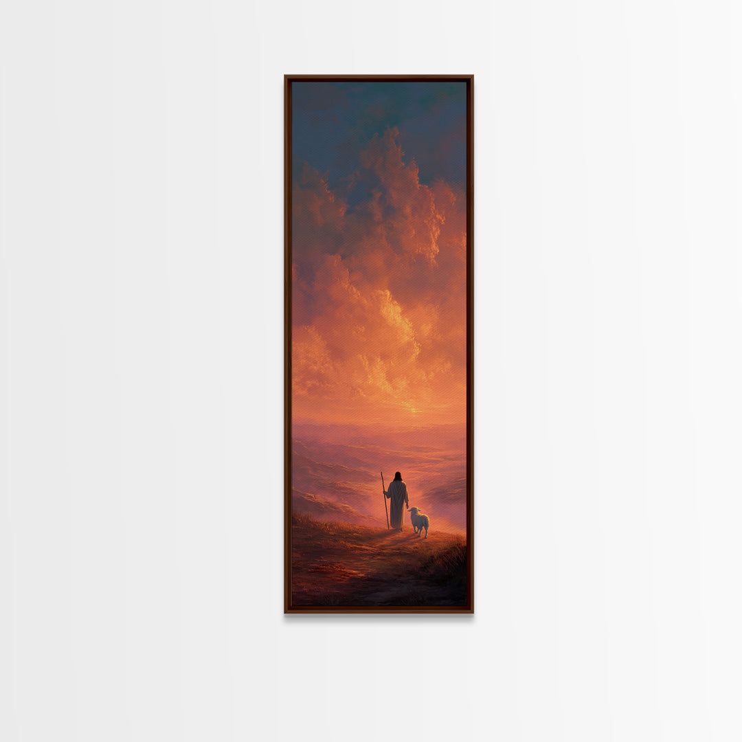 Crimson Sky Shepherd - Framed Canvas Print - Tall Narrow Wall Art - Christian Art - Christian Canvas Art - Jesus Painting - Christian Gift