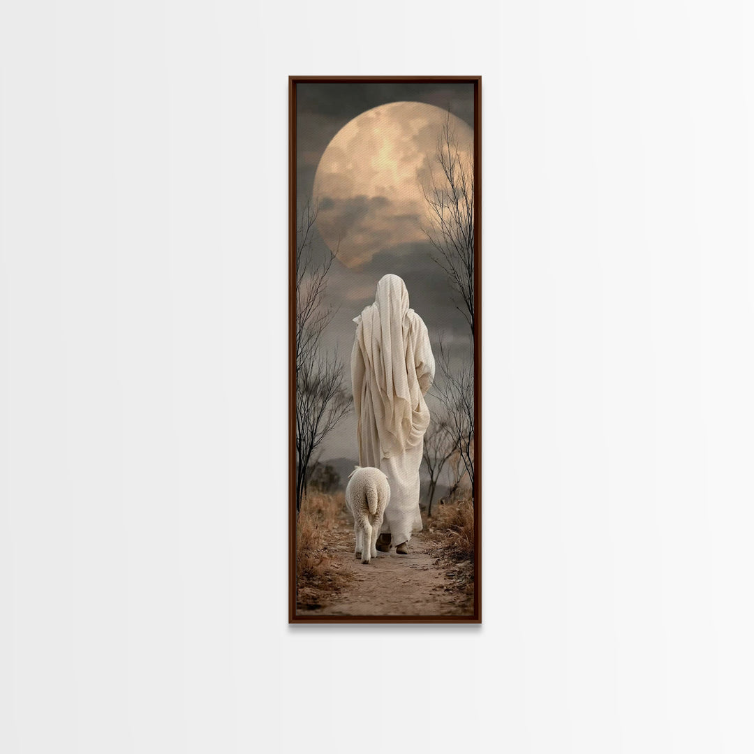 Moonlit Shepherd Peace | Framed Canvas Print | Christian Wall Art | Christian Art Canvas | Jesus Painting | Christian Decor | Tall Narrow W