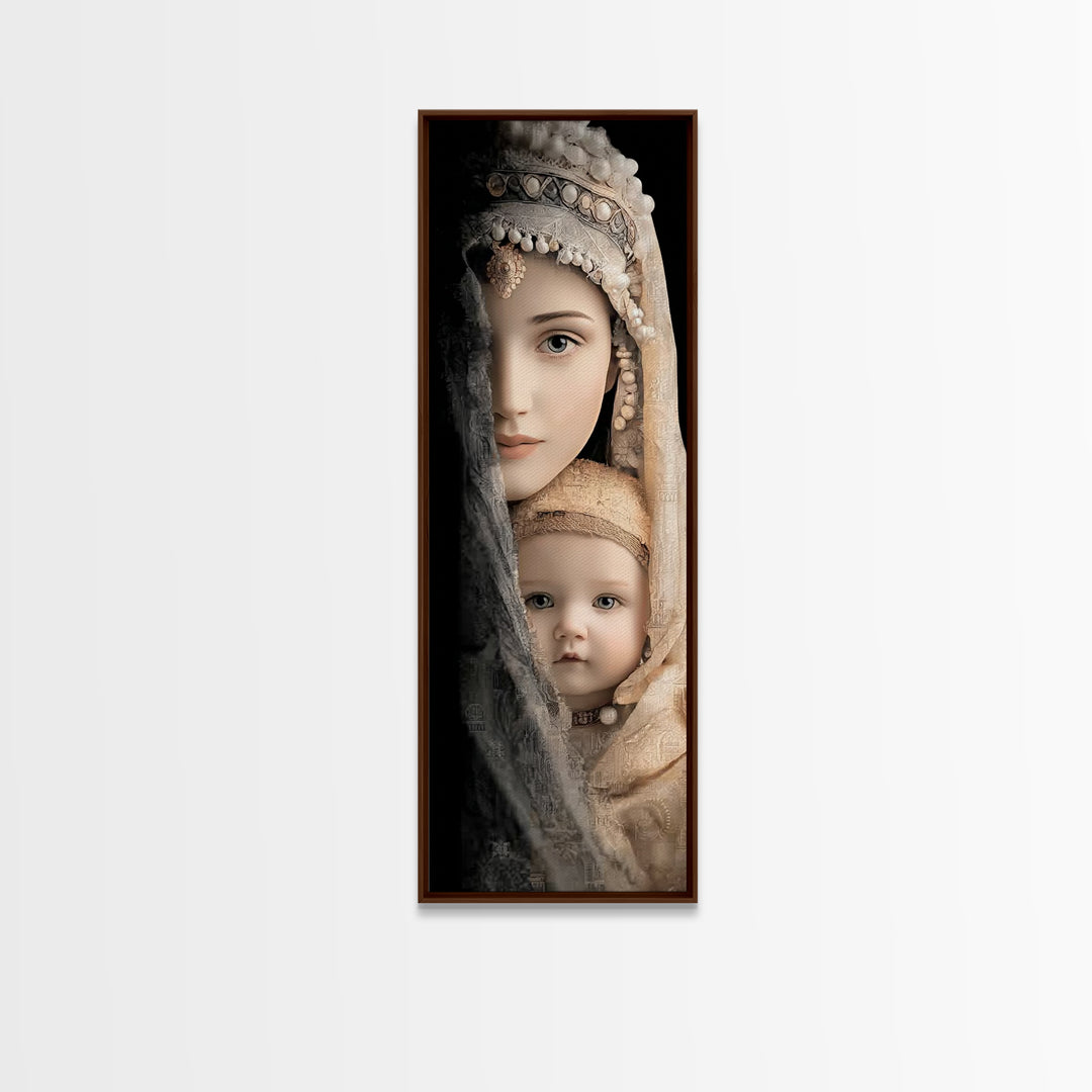 Motherly Grace | Framed Canvas Print | Tall Narrow Wall Art | Christian Wall Art | Christian Art Canvas | Mary And Jesus Painting