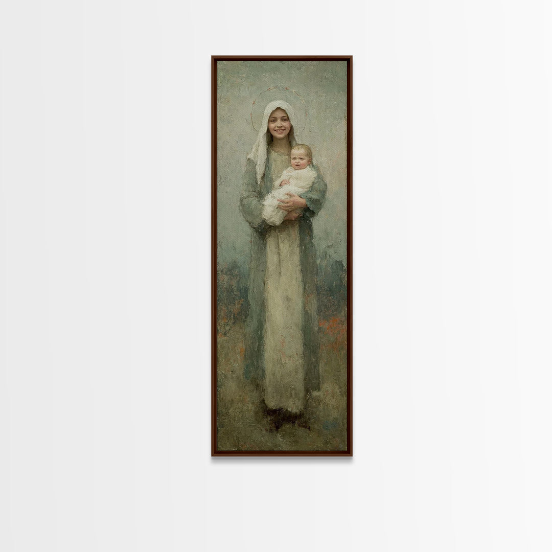 Gentle Embrace Light | Framed Canvas Print | Skinny Art | Christian Art Canvas | Christian Wall Art | Christian Christmas Art | Jesus Art
