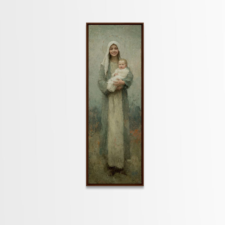Gentle Embrace Light | Framed Canvas Print | Skinny Art | Christian Art Canvas | Christian Wall Art | Christian Christmas Art | Jesus Art