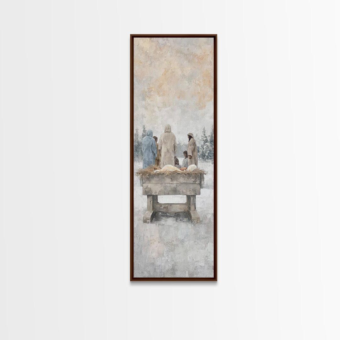 Winter Manger Gathering – Framed Canvas Print – Tall Skinny Art Print – Christian Wall Art – Jesus Painting – Christmas Art – Christian Dec