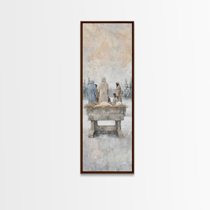 Winter Manger Gathering – Framed Canvas Print – Tall Skinny Art Print – Christian Wall Art – Jesus Painting – Christmas Art – Christian Dec