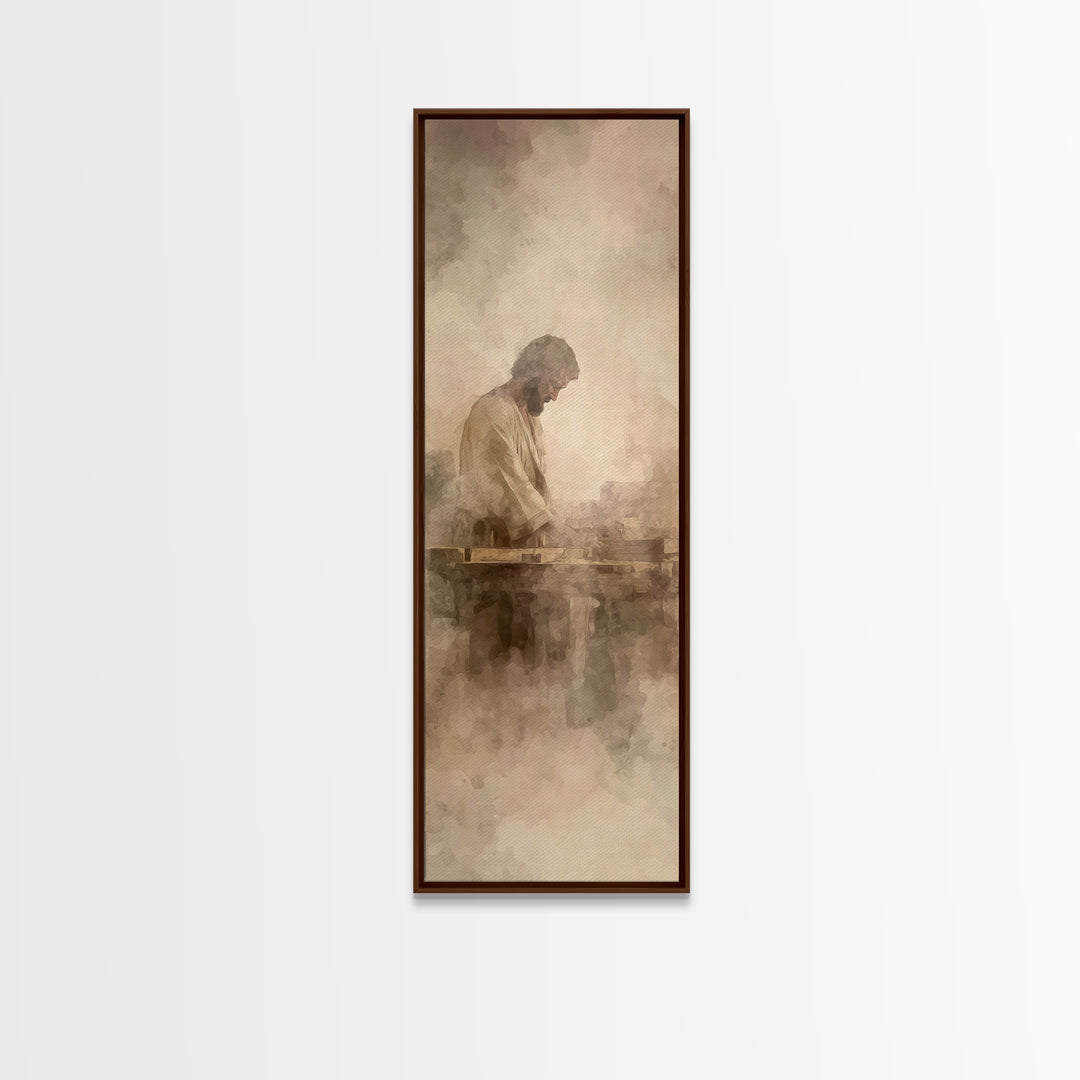 Quiet Carpenter Grace – Framed Canvas Print – Tall Skinny Art Print – Christian Art Canvas – Christian Painting – Christian Wall Art – Mini