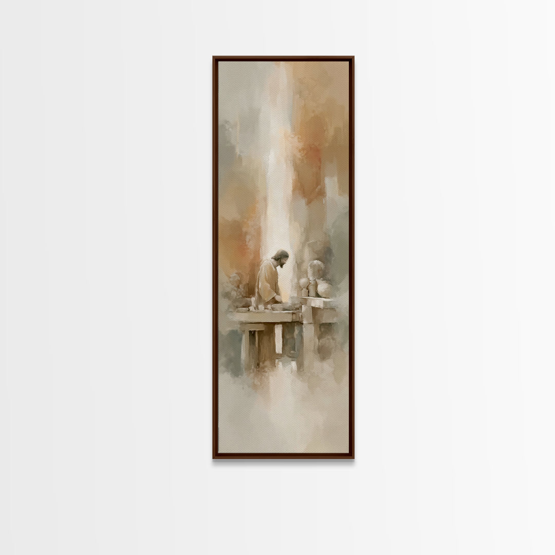 Carpenter’s Devotion, Framed Canvas Print, Tall Narrow Wall Art, Christian Wall Art, Christian Art Canvas, Jesus Painting, Christian Gift