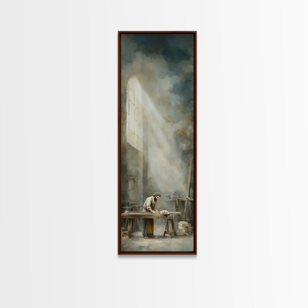 Holy Workshop Glow, Framed Canvas Print, Narrow Art, Christian Art Canvas, Christian Wall Art, Jesus Painting, Moody Christian Art