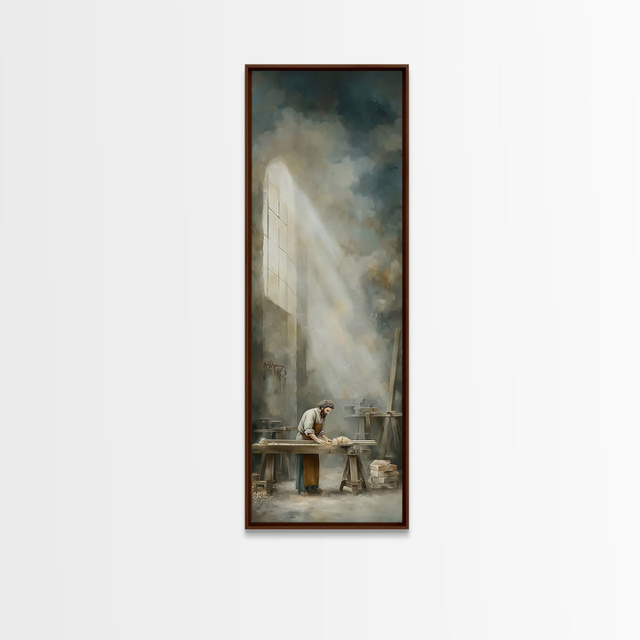 Holy Workshop Glow, Framed Canvas Print, Narrow Art, Christian Art Canvas, Christian Wall Art, Jesus Painting, Moody Christian Art