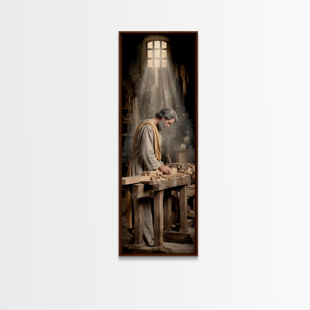 Heavenly Carpenter Grace – Framed Canvas Print – Tall Skinny Art Print – Christian Wall Art – Jesus Painting – Christian Art Canvas – Chris