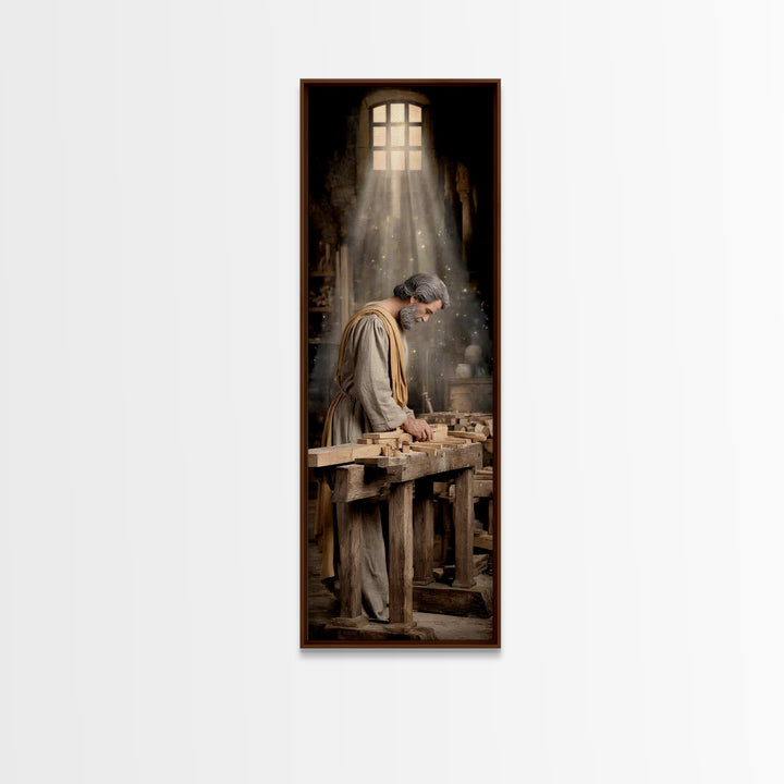 Heavenly Carpenter Grace – Framed Canvas Print – Tall Skinny Art Print – Christian Wall Art – Jesus Painting – Christian Art Canvas – Chris