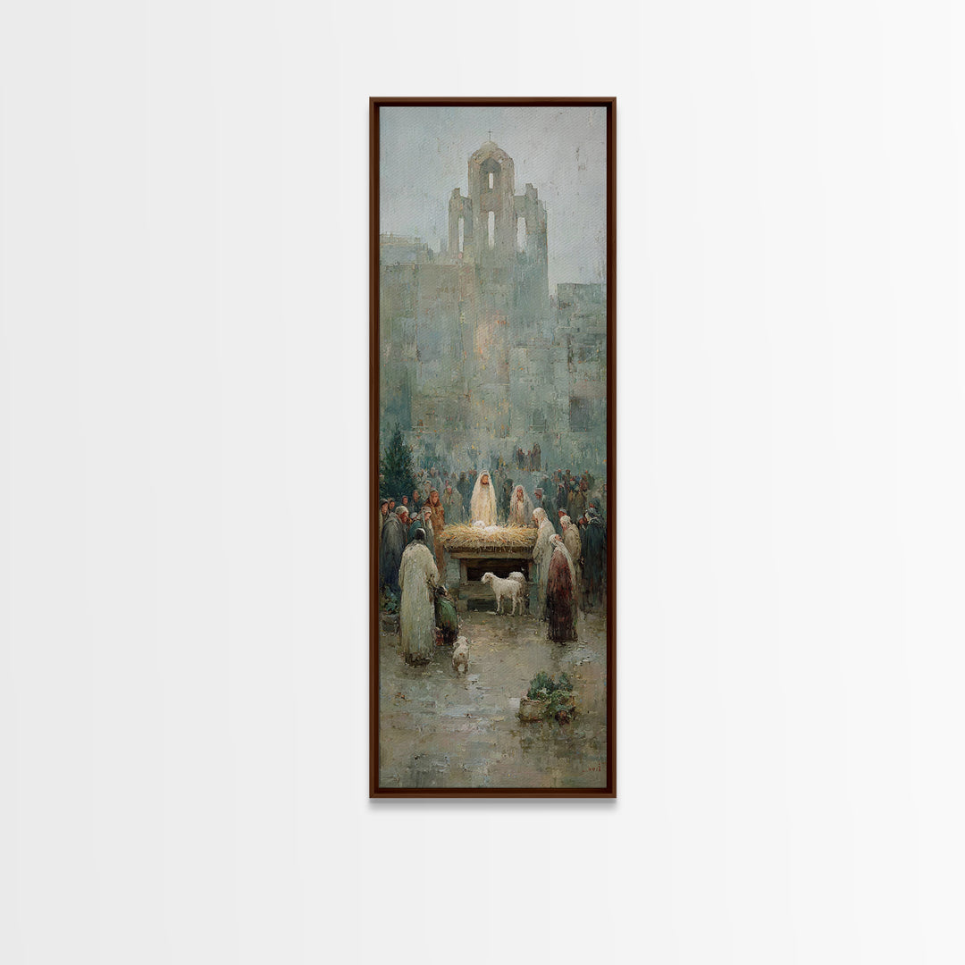 Nativity Town Gathering – Framed Canvas Print – Narrow Art – Christian Art Canvas – Christmas Art – Christian Wall Art – Christian Painting