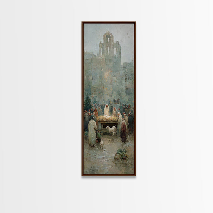 Nativity Town Gathering – Framed Canvas Print – Narrow Art – Christian Art Canvas – Christmas Art – Christian Wall Art – Christian Painting