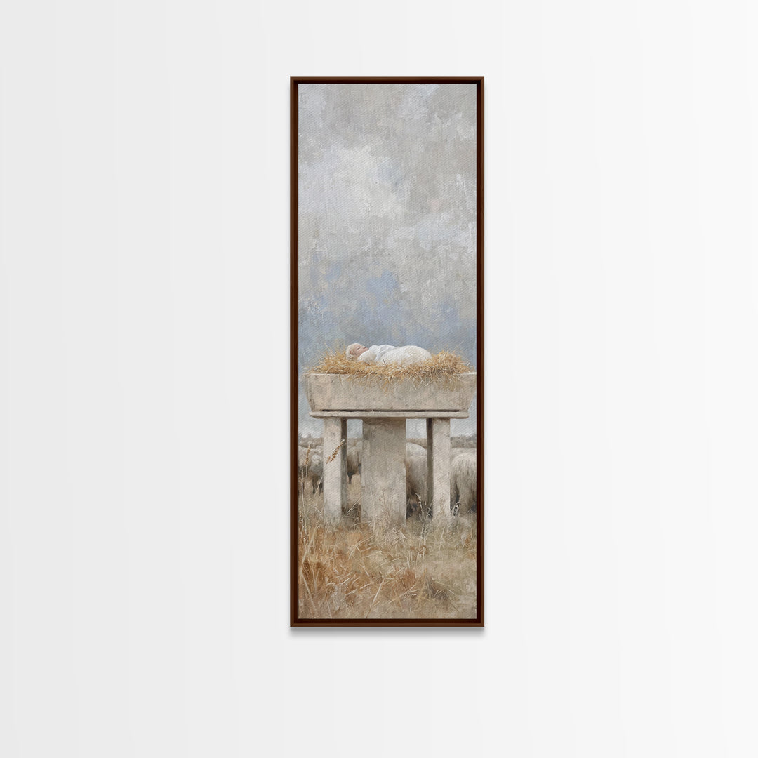 Peaceful Manger Rest – Framed Canvas Print – Narrow Art – Christian Art Canvas – Christian Wall Art – Christmas Art – Christian Painting –