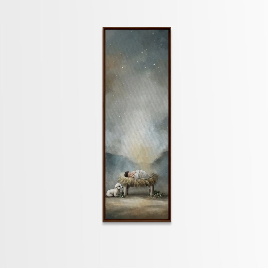 Divine Stable Glow – Framed Canvas Print – Christian Art – Jesus Painting – Christian Christmas Art – Tall Skinny Art Print