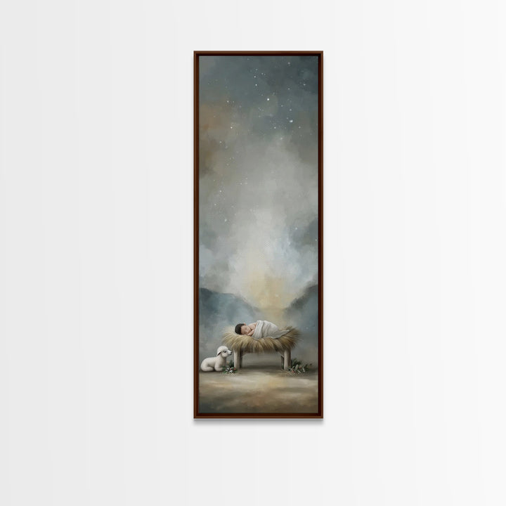 Divine Stable Glow – Framed Canvas Print – Christian Art – Jesus Painting – Christian Christmas Art – Tall Skinny Art Print