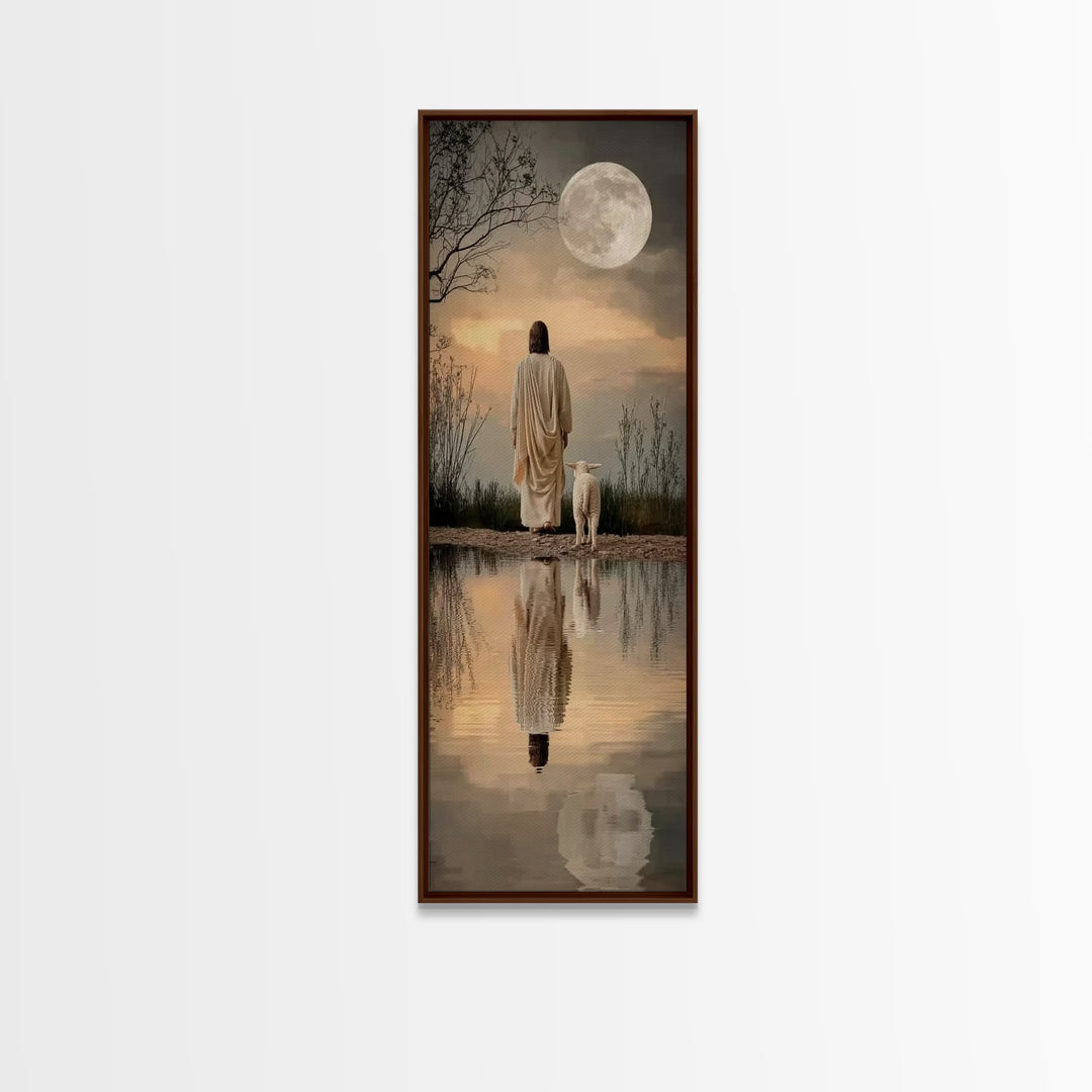 Moonlit Savior Path – Framed Canvas Print – Jesus Painting – Christian Art Canvas – Christian Wall Art – Skinny Art – Christian Art