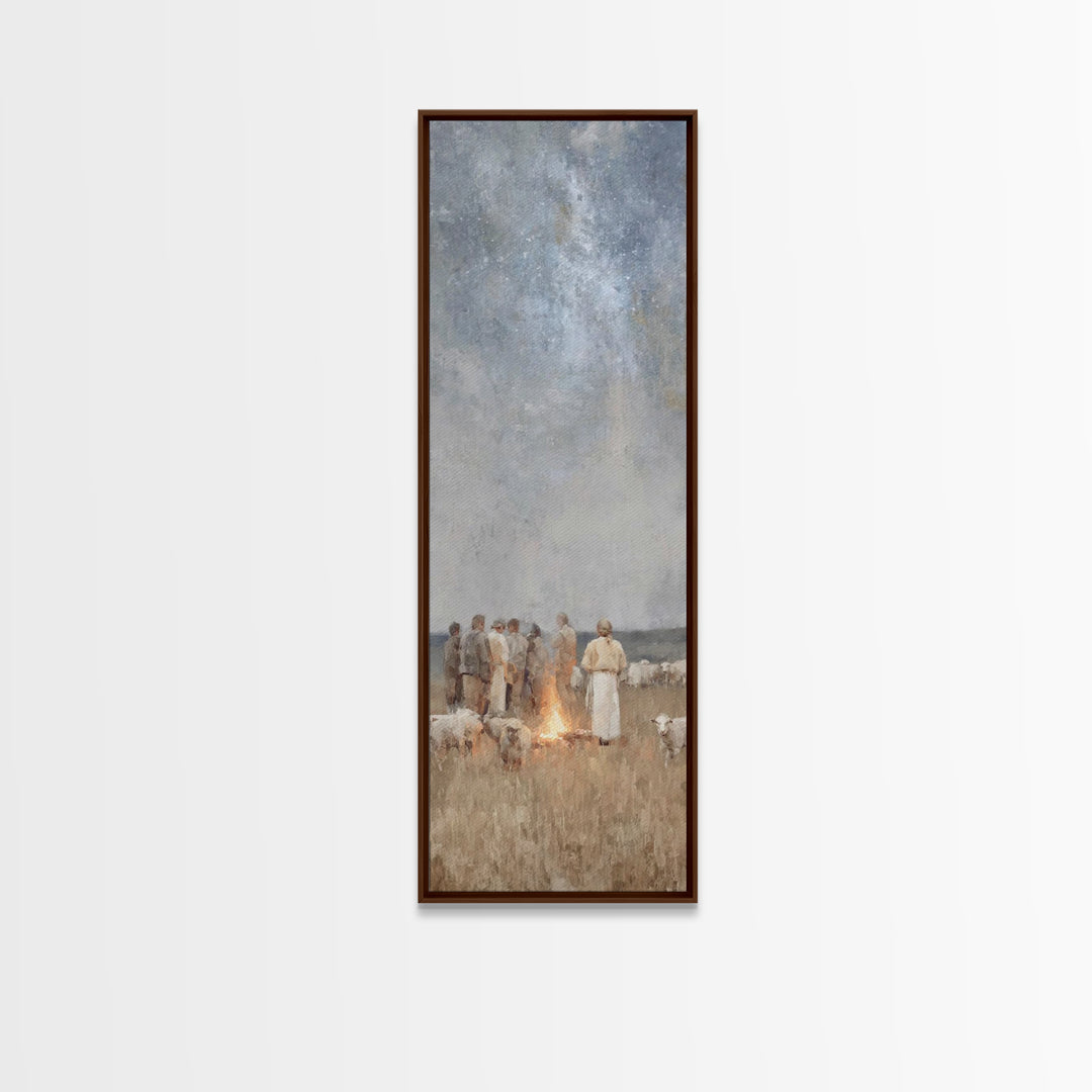 Shepherds By Firelight,Framed Canvas Print,Christian Wall Art,Tall Narrow Wall Art,Christian Paintings,Christmas Wall Art,Jesus Art Canvas
