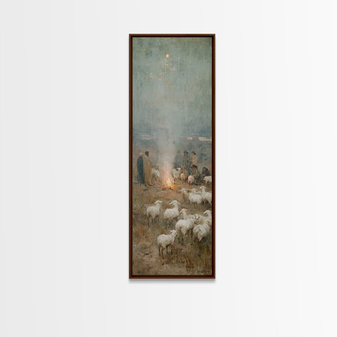 Moonlit Shepherd Circle | Framed Canvas Print | Christian Art Canvas | Christian Wall Art | Jesus Painting | Skinny Art | Christian Christm