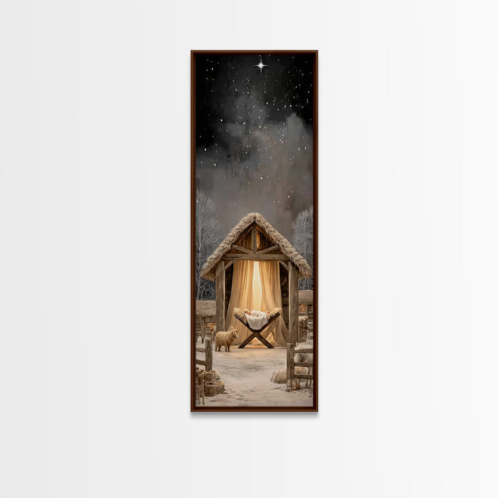 Starry Manger Peace – Framed Canvas Print – Christmas Wall Art – Christian Art Canvas – Skinny Art – Christian Christmas Art – Jesus Painti