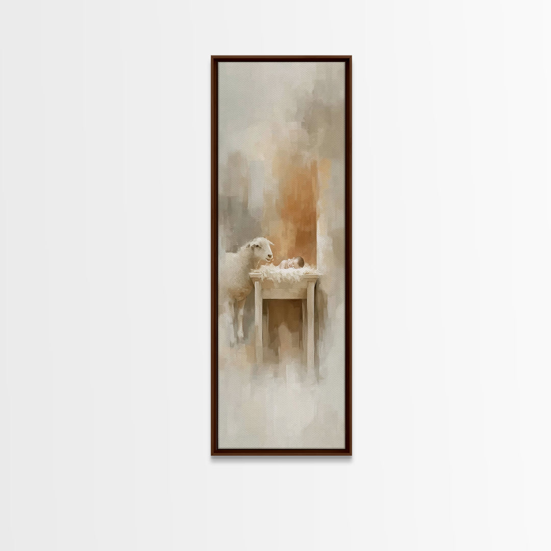 Gentle Manger Love, Framed Canvas Print, Christian Art Canvas, Jesus Painting, Tall Narrow Wall Art, Christian Christmas Art, Christian Wal