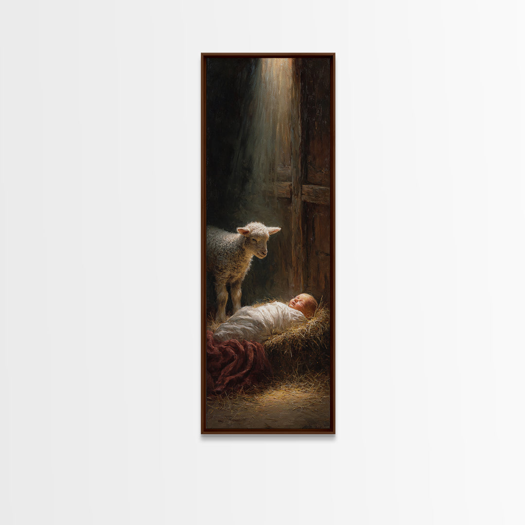 Holy Manger Light – Framed Canvas Print – Christian Wall Art – Christian Art Canvas – Jesus Painting – Tall Narrow Wall Art