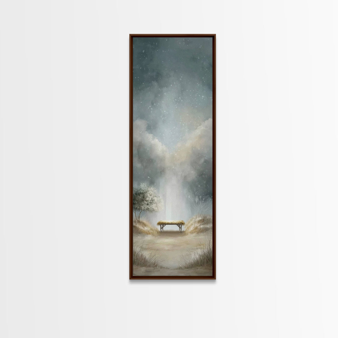 Winter Manger Light – Framed Canvas Print – Christmas Art – Christian Christmas Art – Christian Wall Art – Tall Narrow Wall Art