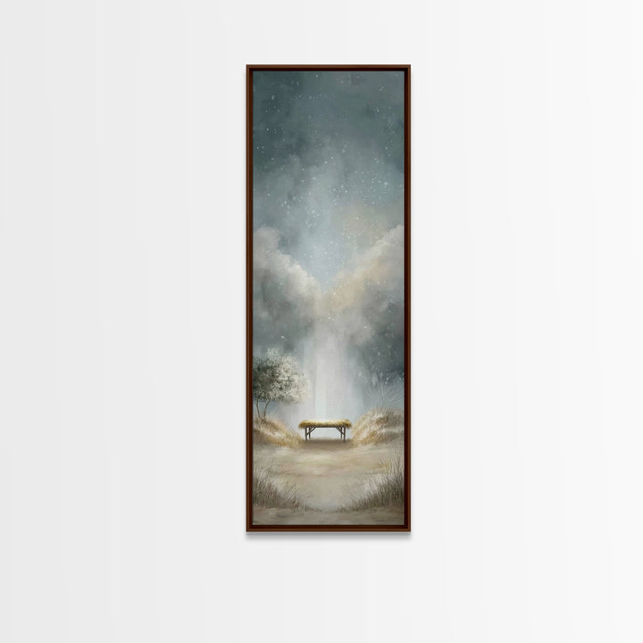 Winter Manger Light – Framed Canvas Print – Christmas Art – Christian Christmas Art – Christian Wall Art – Tall Narrow Wall Art
