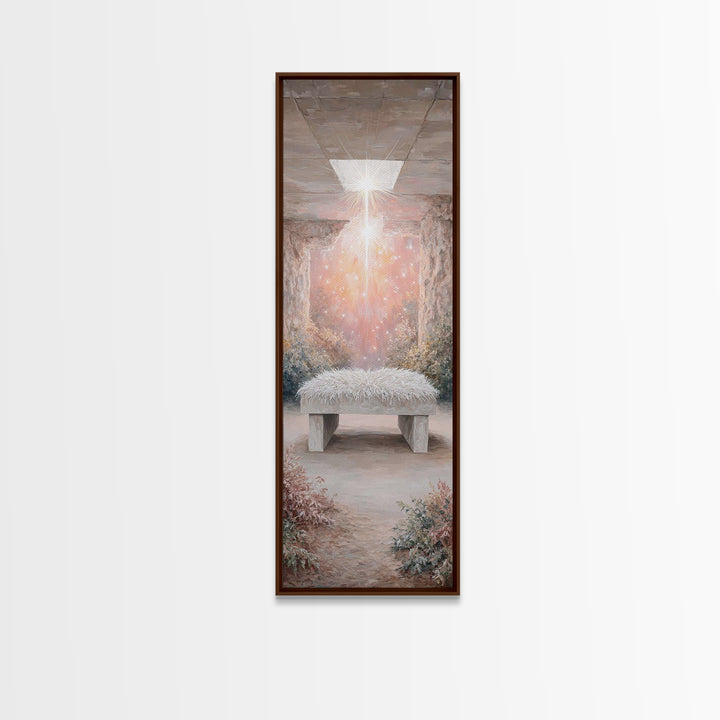 Holy Cradle Glow – Framed Canvas Print – Christian Wall Art – Christian Art Canvas – Christmas Art – Narrow Art