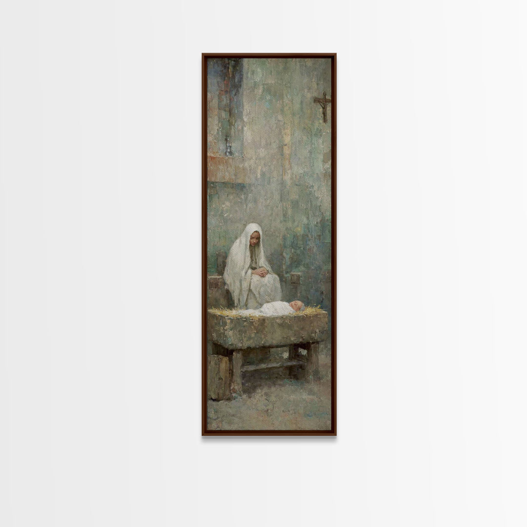 Mary’s Gentle Watch – Framed Canvas Print – Christian Art Canvas – Christian Wall Art – Christmas Art – Narrow Art