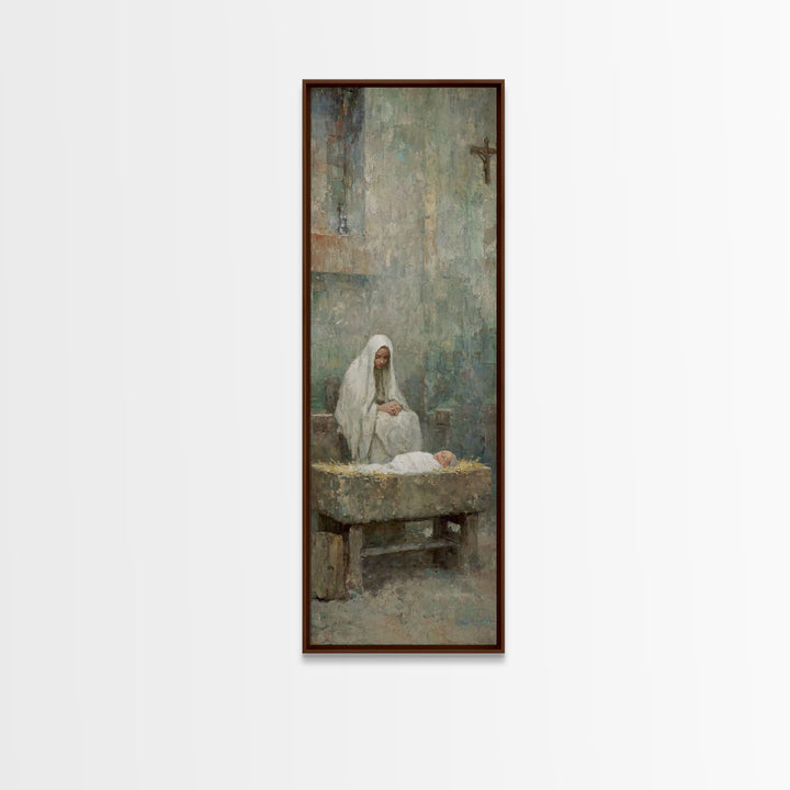 Mary’s Gentle Watch – Framed Canvas Print – Christian Art Canvas – Christian Wall Art – Christmas Art – Narrow Art