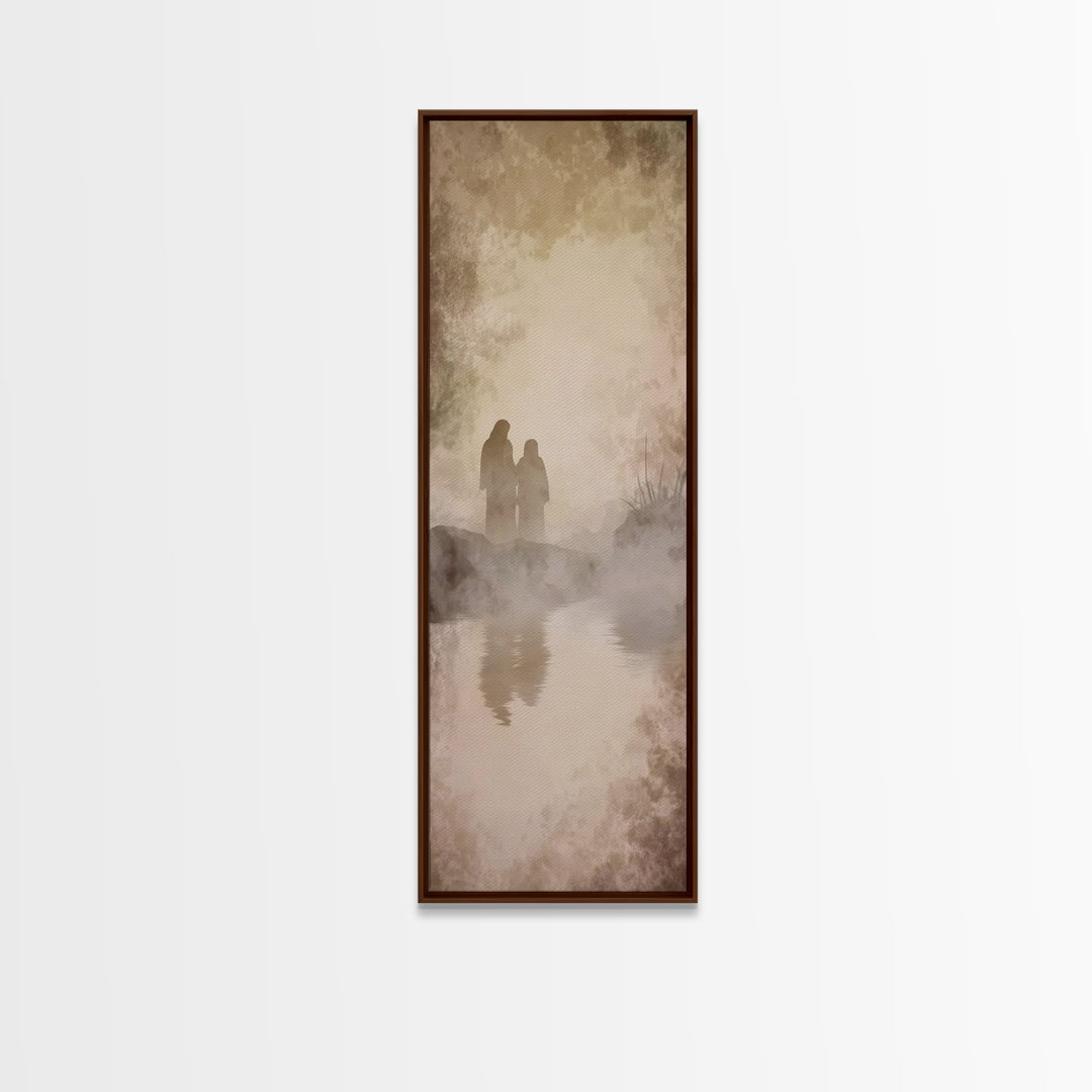 Quiet Morning Walk, Framed Canvas Print, Christian Art Print, Jesus Painting Canvas, Narrow Art, Christian Decor, Minimalist Christian Art,