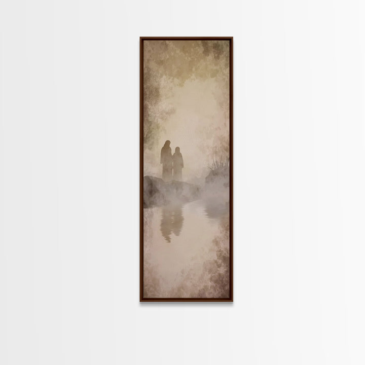 Quiet Morning Walk, Framed Canvas Print, Christian Art Print, Jesus Painting Canvas, Narrow Art, Christian Decor, Minimalist Christian Art,