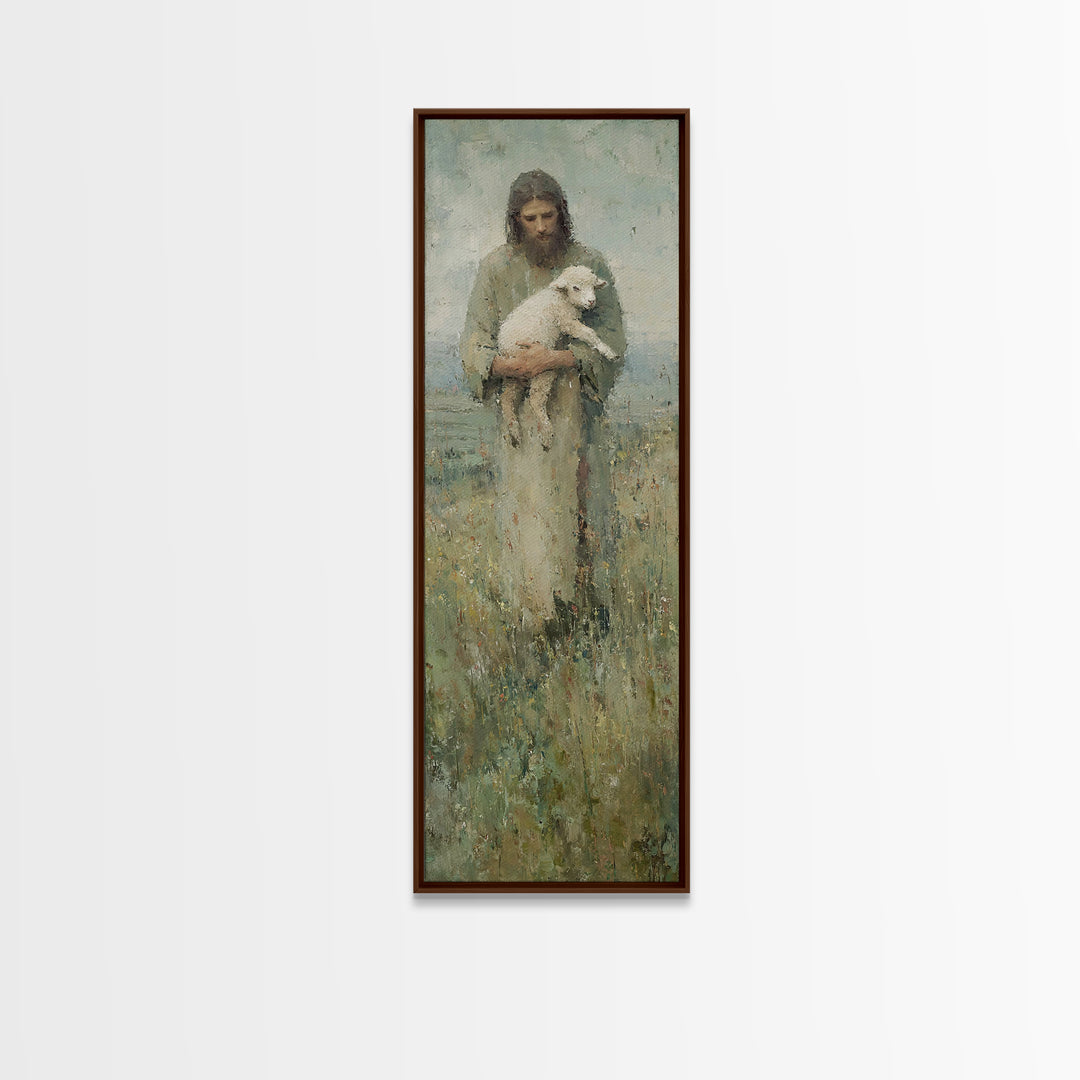 Shepherd’s Embrace, Framed Canvas Print, Jesus Painting, Christian Wall Art, Tall Narrow Wall Art, Christian Art Canvas, Christian Gift, Vi
