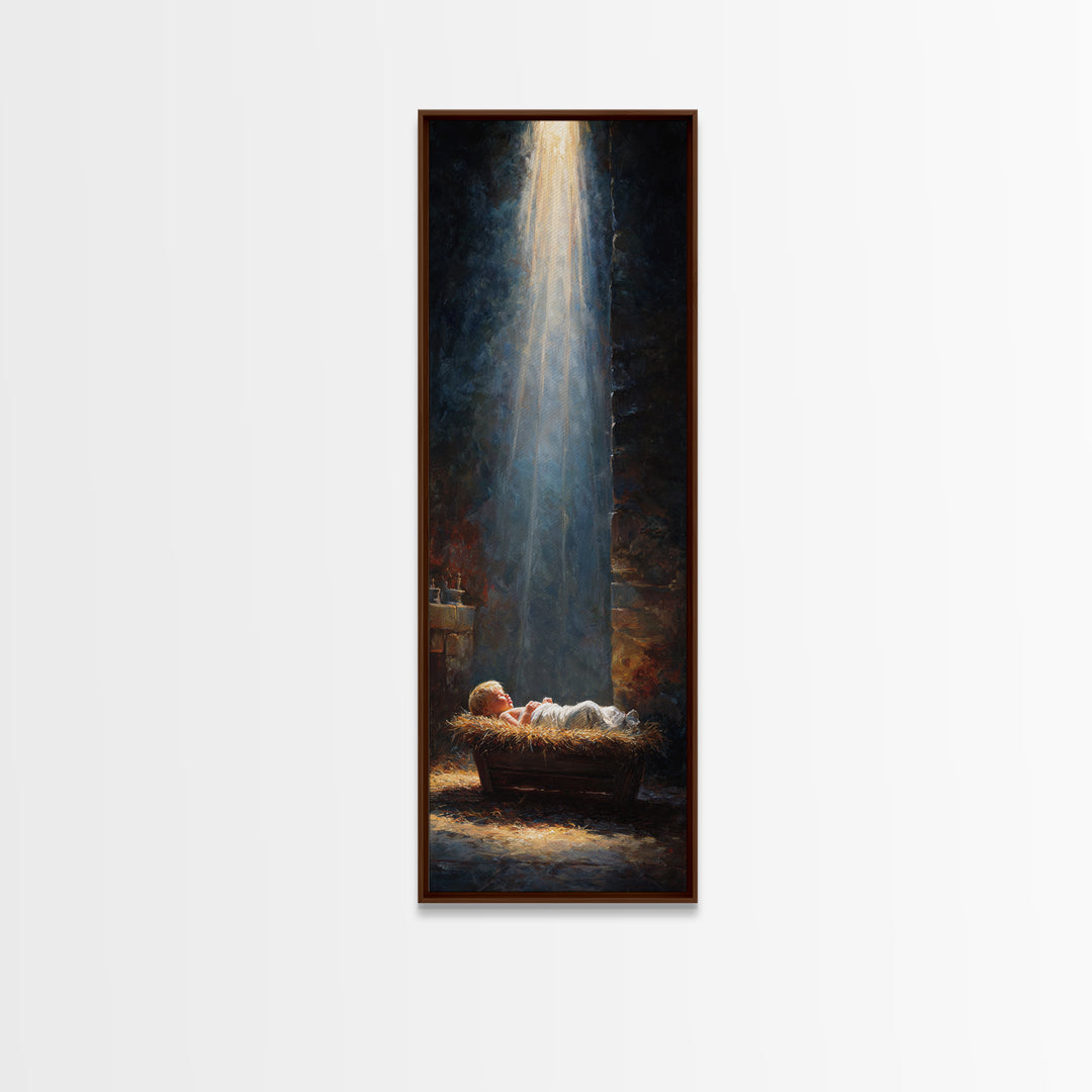 Manger Blessing Light – Framed Canvas Print – Christian Art – Jesus Painting – Christian Christmas Art – Christmas Canvas Wall Art – Skinny