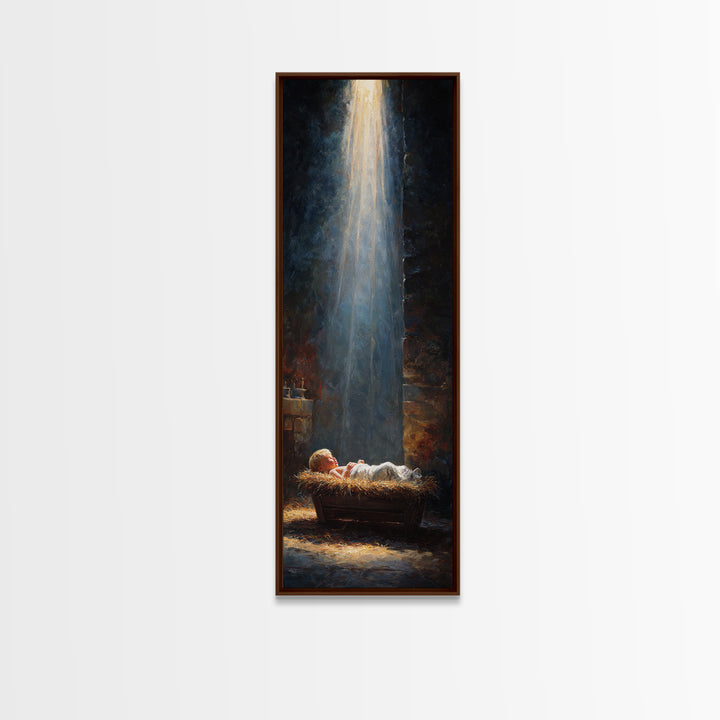 Manger Blessing Light – Framed Canvas Print – Christian Art – Jesus Painting – Christian Christmas Art – Christmas Canvas Wall Art – Skinny